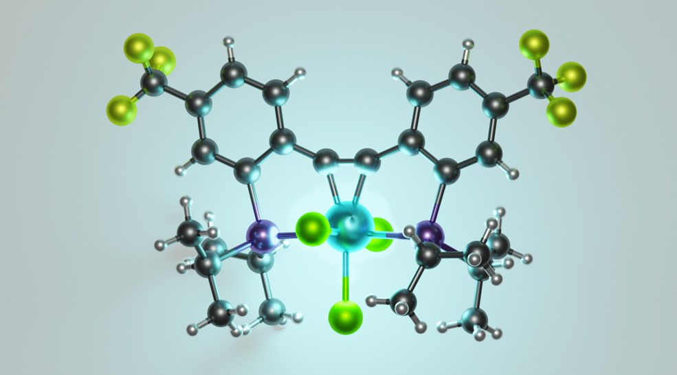 Molekülstruktur mit zentralem Metallatom, umgeben von organischen Gruppen und Chlor-ähnlichen Substituenten.